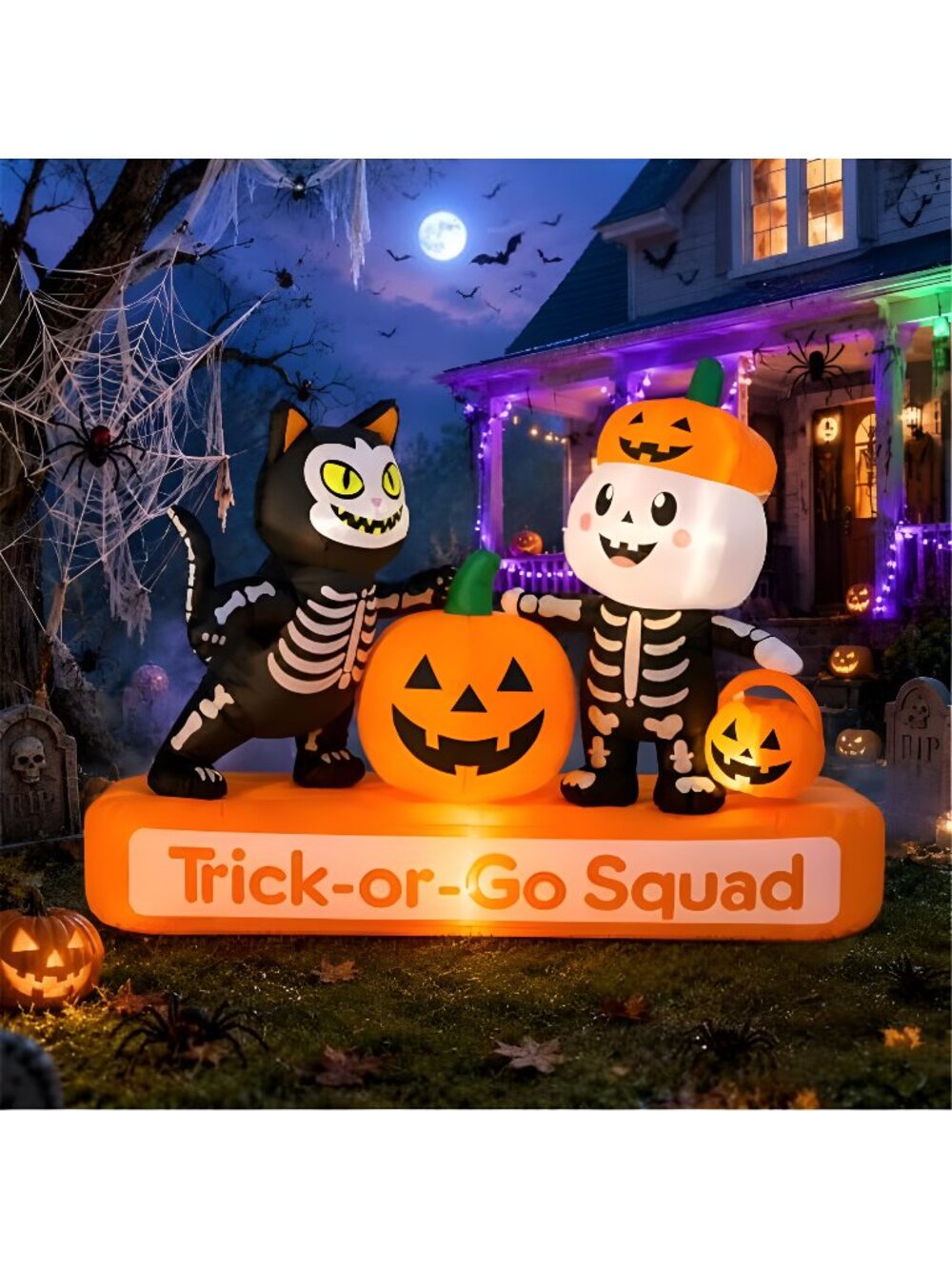 7FT Halloween Inflatables Trick-or-Treat Squad with Skeleton, Cat & Pumpkin